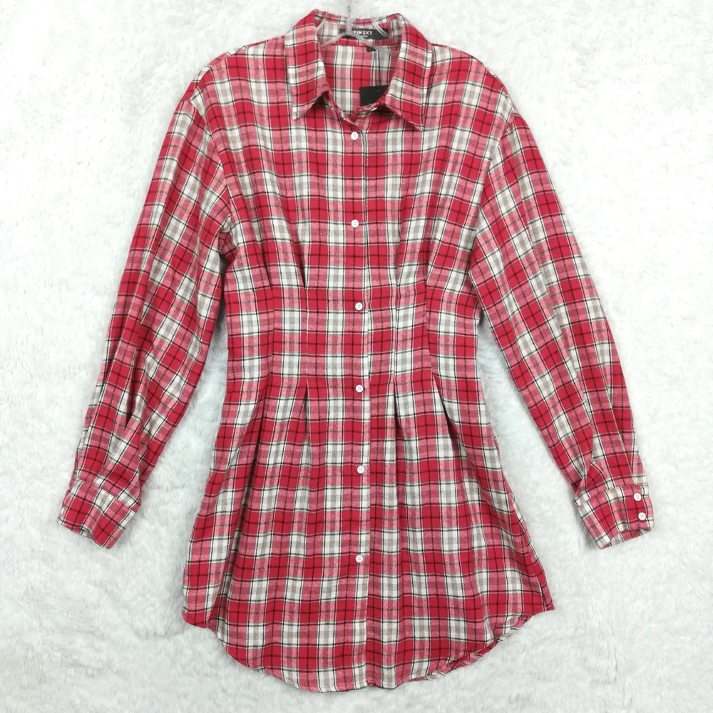 Shein SXY Womens Shirt Dress Long Sleeve Red Tartan Plaid Button Front S New